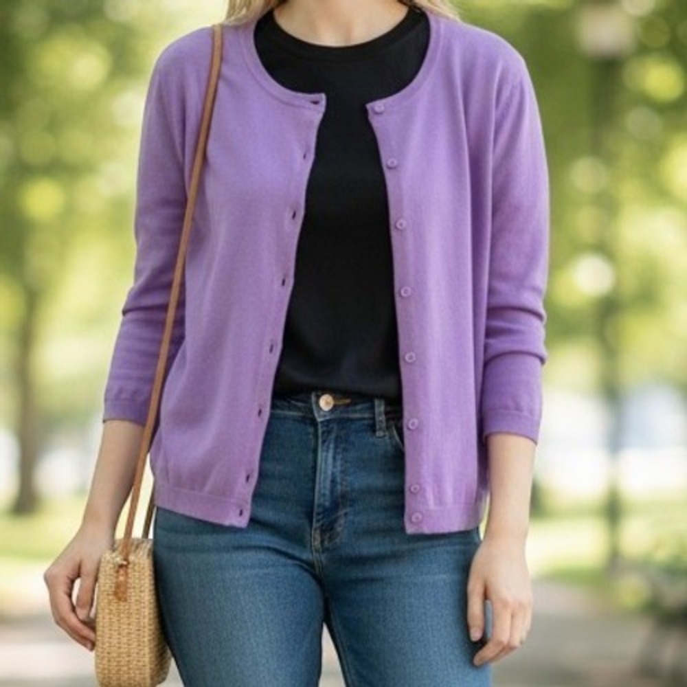 Talbots Cardigan Lp Purple EXCELLENT 3/4 Sleeve Cotton Blend Button Up KH5348